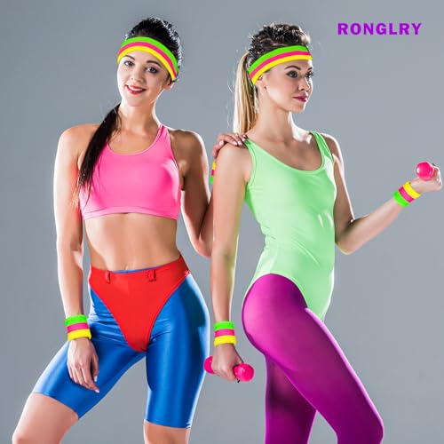 Ronglry 80s Neon Sweatbands Set with Color Mixing - Women's Sports Headband & Wristband for Glow Parties Halloween