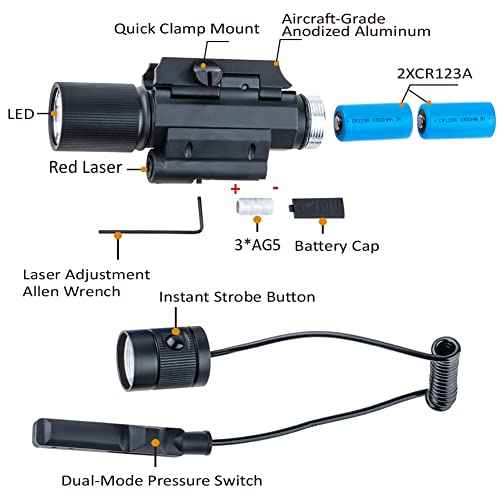 Red Laser Sight Combo, 800 Lumens Tactical Long Gun Flashlight 4 Modes Rail Mounted with Remote Pressure Switch