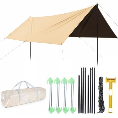 Caoditu 3x4.5m Waterproof Camping Tarp with Poles - All-Weather Sunshade & Rain Fly