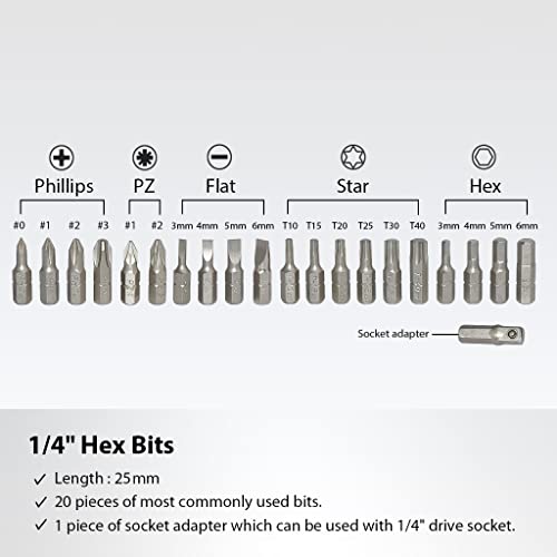 FIRSTINFO H5199A Screwdriver Bit Set | S2 Alloy Steel | 1/4" Hex Head 25mm Long, 21 Pieces with Phillips, Hex, Star, Flat