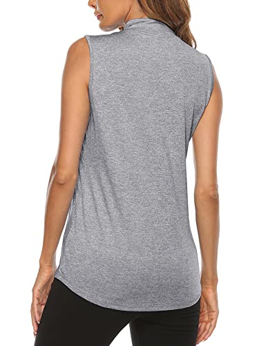 Koscacy Women's Grey Sleeveless Golf & Tennis Polo Shirt, Zip Up, Dry Fit Workout Tank Top - Large