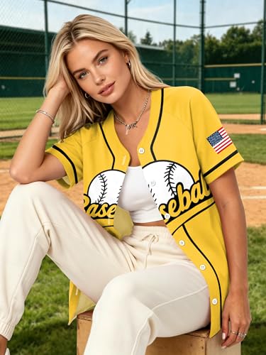 Women's Baseball Jersey Game Day Graphic T-Shirt - Yellow1, Small