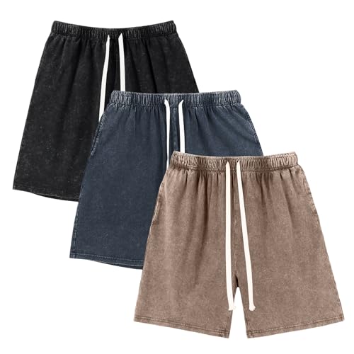 Arssm Men's Cotton Acid Wash Sweat Shorts Large Black Navy Khaki 3-Pack