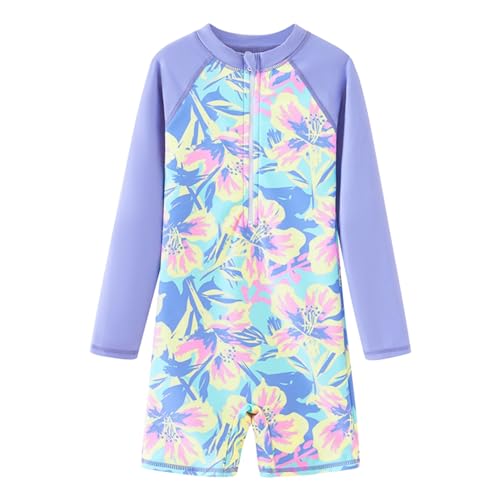 Girls Long Sleeve Rash Guard One Piece Swimsuit - UV Protection, 9-10 Years/Lavender Flower