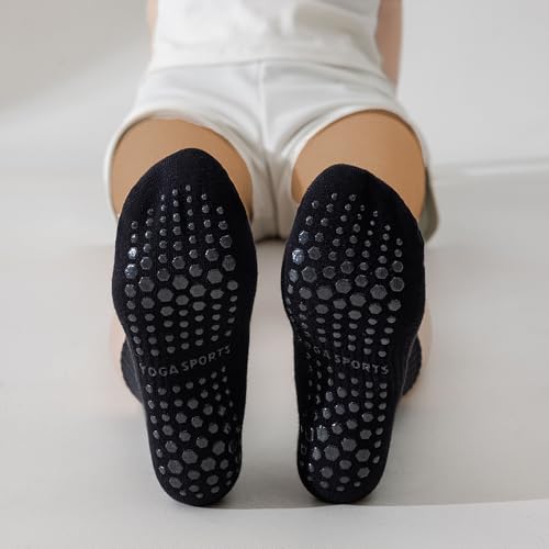 Mid-Calf Pilates Grip Socks for Women - Non-Slip Yoga Socks - 3 Pairs Black