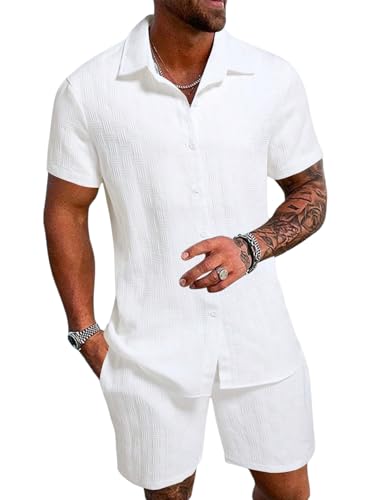 RoseSeek Men's White Linen Beach Outfit 2-Piece Shirt & Shorts Set - Large