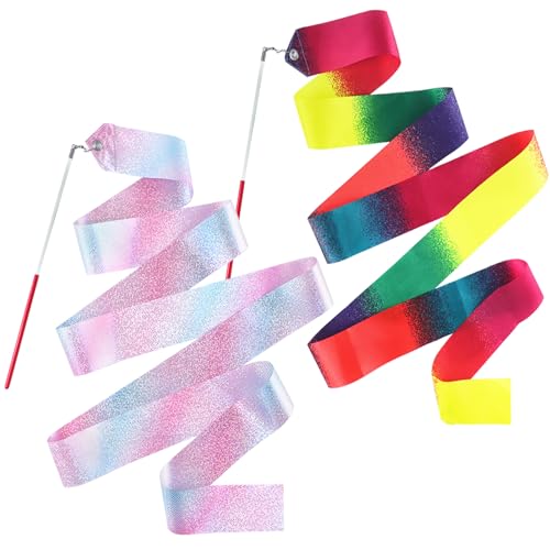 2 Pcs Sparkly Dance Ribbons - 78.7-inch Rhythmic Gymnastics Ribbon Wands