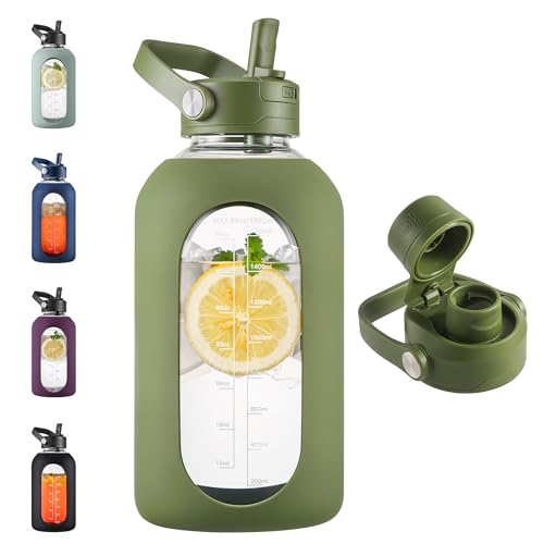 Army Green 64 oz Glass Water Bottle with Detachable Straw & Time Marker