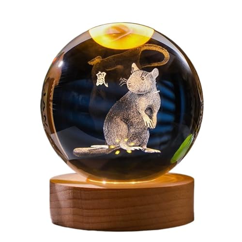 Luminous Crystal Ball Night Light - Rat, 8cm - Solid Wood Base
