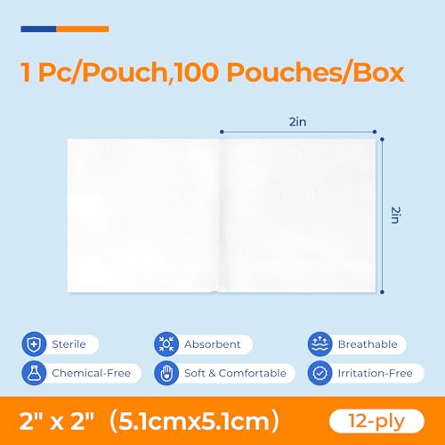 2x2 Inch Sterile Cotton Gauze Pads 12-Ply Bulk First Aid Wound Dressings - 100 Pack