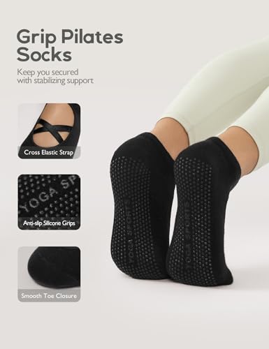 Non-Slip Pilates Yoga Socks with Grips - 4 Pairs - Black & Gray