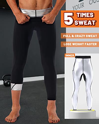 LMCOB Sauna Sweat Short Pants for Men Hot Thermo Sauna Leggings - Long Pants Silver Lining, Large
