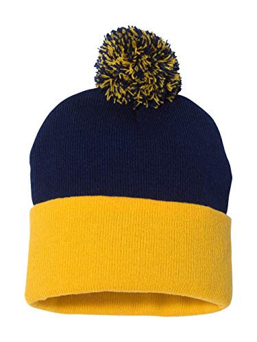 12" Knit Beanie with Pom-Pom - Navy/Gold