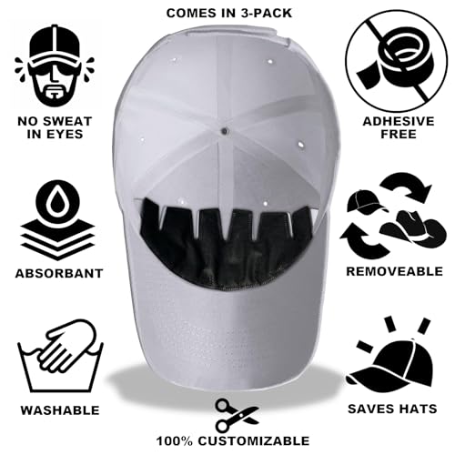 Reusable Hat Sweat Liners 3-Pack - Absorbent, No Glue Hold Fits All Hats