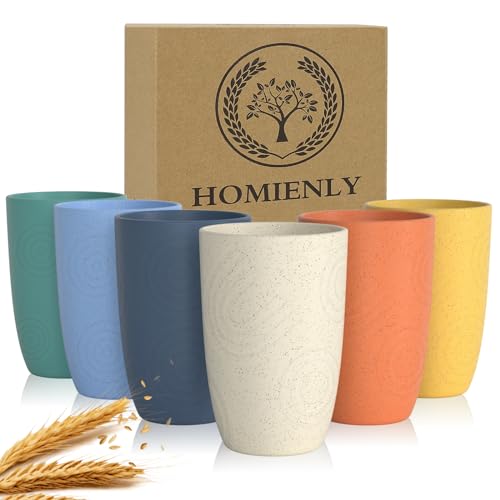 Colorful 12oz Wheat Straw Unbreakable Drinking Glasses - Stackable Water Tumblers, Safe & Dishwasher Safe (6 pcs)