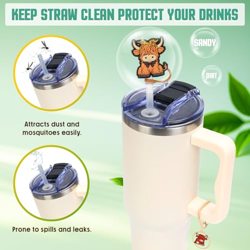 Highland Cow Straw Topper Set - 4 Silicone Covers & Keychain