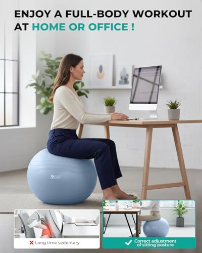 Yoga Ball - Extra Thick Anti-Burst Exercise Ball, Grayish Blue, L (26in/65cm)