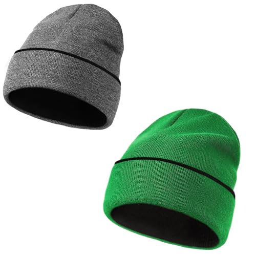 Unisex Reversible Winter Beanie Hat - Soft Warm Knitted Cap - Black & Grey