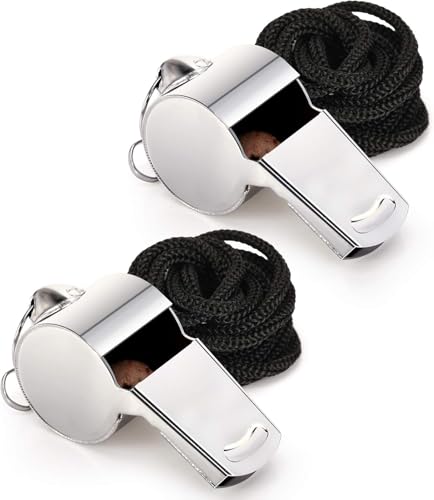 Super Loud Stainless Steel Sports Whistle with Lanyard - 2 Pack