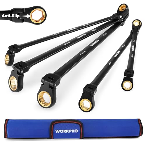 WORKPRO Metric Extra Long Flex-Head Ratcheting Wrench Set, 5-Piece, Anti-Slip, 8-19mm