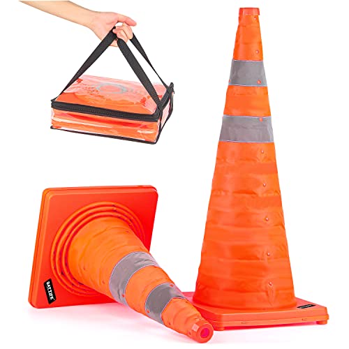 BATTIFE [2 Pack] 28 Inch Collapsible Traffic Safety Orange Cones, Multi Purpose Pop-up Cones and Reflective Collar, for Road Parking, Driving Practice