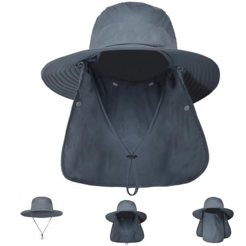 Outdoor Wide Brim Fishing Hat with Detachable Face Cover - Deepgrey