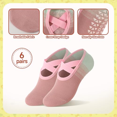 6 Pairs Color Gradient Pilates Socks for Women with Straps