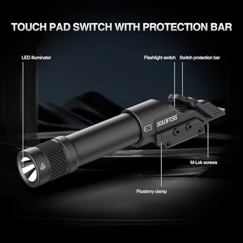 Solofish Aluminum 1450lm Flashlight is Compatible Picatinny/Mlok Rail, with Pressure Pad Switch for Rifle, Weapon Light with Strobe/Momentary, Replaceable Batteries