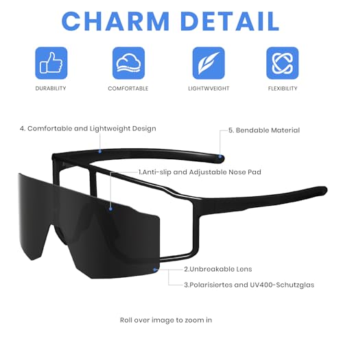 AVV Polarized Cycling Glasses for Men Women Teens UV400 Protection Black & Grey Lens