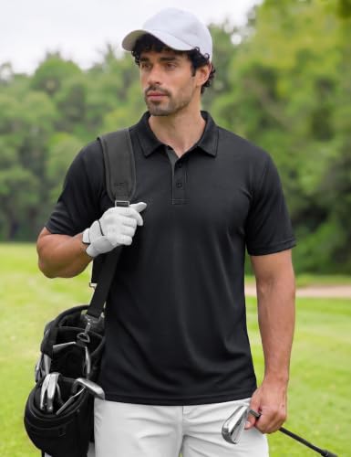TACVASEN Men's Short Sleeve Polo Shirt - Dry Fit Golf Casual Collared Top, Medium Black