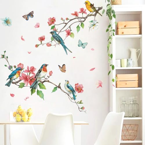 Runtoo Bird Wall Decals Pink Floral Tree Branch Wall Art Stickers Bedroom Kitchen Living Room Kids Nursery Decor