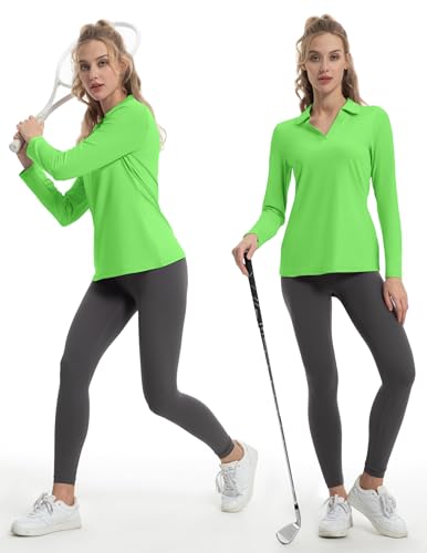 Women's Long Sleeve V-Neck Tennis Golf Shirt - Athletic Sport Top - Lime Green