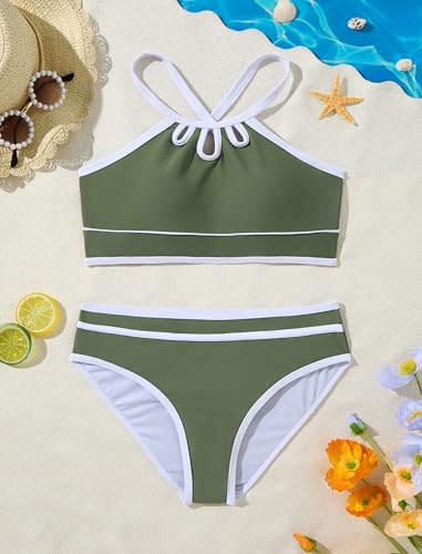 Teen Girls Two-Piece Color Block Bikini Set with Adjustable Straps