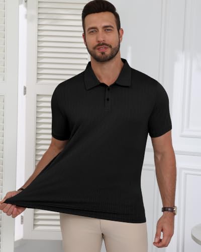 Mens Textured Polo Shirt - Short Sleeve Golf Shirt - Large - Black