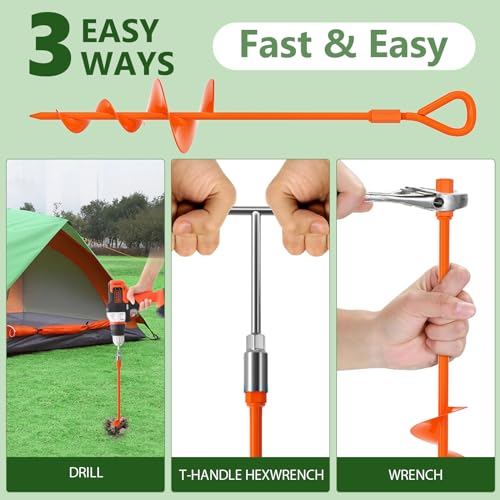 18'' Heavy Duty Ground Anchor Screws - 4 Pack with T-Handle Hex Wrench - Orange