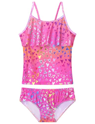 Girls Tankini Swimsuit 2 Piece Bathing Suit UPF50+ Ruffle Full Coverage Pink Yellow 10-12 Years Nokecina