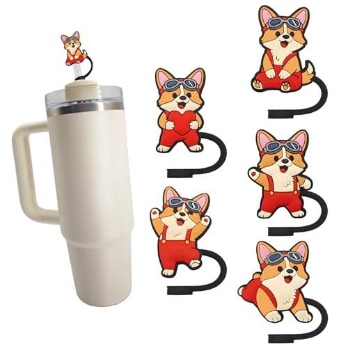 5-Piece Corgi Straw Cover Cap Set - Reusable Silicone for 10mm Straws