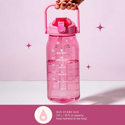 Motivational Water Bottle with Straw & Flip-Top Lid - 50 Ounce, Pink