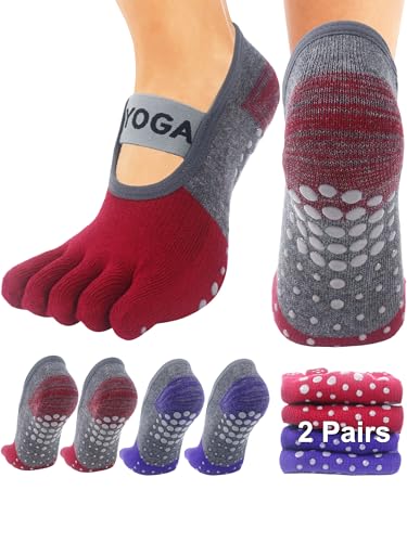 Grippy Pilates Socks for Women - 2 Pairs Purple & Wine Red
