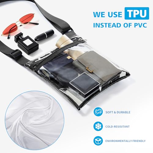 Stadium Approved Clear Crossbody Bag - Durable TPU Purse for Concerts - Black