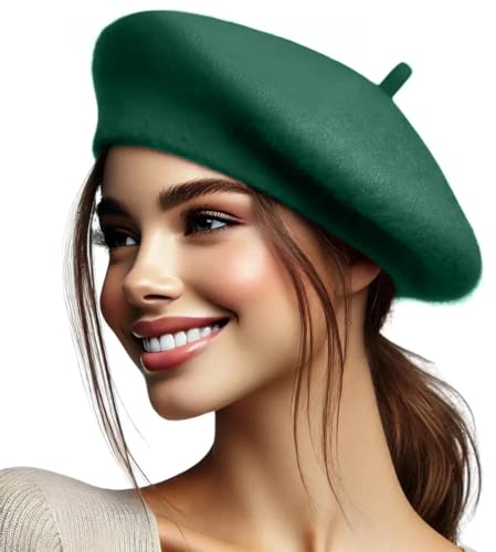 Green French Wool Beret Hat - Classic Stretchable Parisian Style - One Size