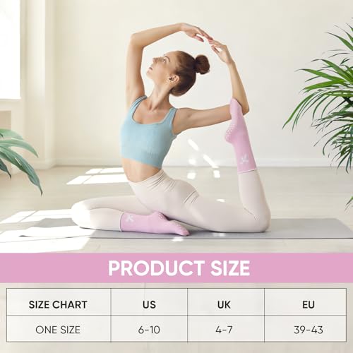 Pilates Grip Socks for Women - 4 Pairs with Bow & Hearts - Black, Off-White, Brown, Coffee