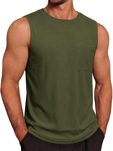 Men's Casual Waffle Knit Tank Top - Army Green, Large