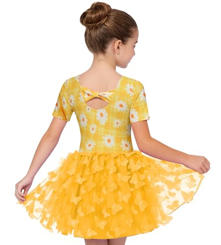 Dance Leotard for Girls with Skirt - Toddler Ballerina Outfit, Yellow Flower, 5T