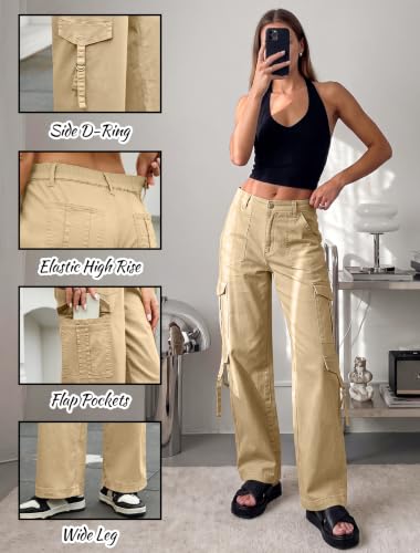 Eddoyee Women’s Cargo Pants - Elastic High Waist Wide Leg Khaki Size Small