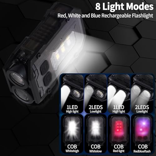 KunHe 4 Pack Bulk Mini Keychain Flashlight with Clip High Lumen USB-C Rechargeable with COB Side Light 8 Modes Suitable for Night Work Camping Hiking Dog Walking Gift