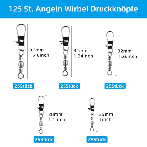 125 Pcs Fishing Swivel Snap Set with Rolling Ball Bearings - 5 Sizes