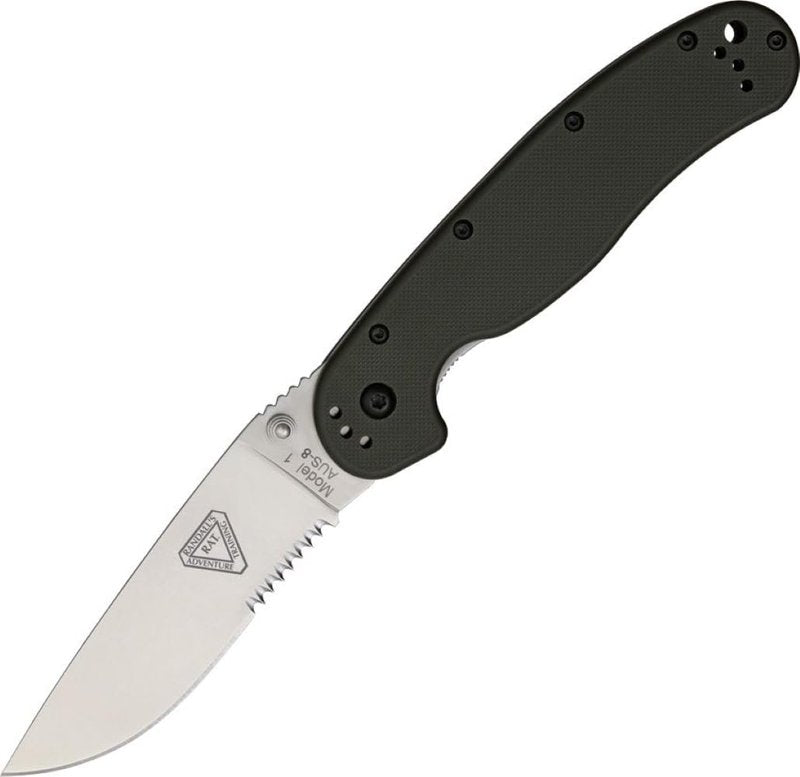 Ontario Knife Company Company 8849 Rat-1 Satin AUS-8 Stainless Steel 3.50" Serrated Edge Blade Black Nylon Handle 4-Position Reversible Clip Folding Knife for Outdoor, Tactical, Survival & EDC (Black)
