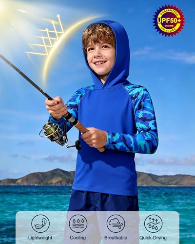 Boys Rash Guard Swim Hoodie - Long Sleeve Sun Shirt, Large Sapphire