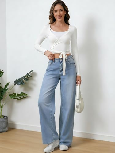 Pilates Wrap Top - V-Neck Tie Long Sleeve Shirt - Small/White